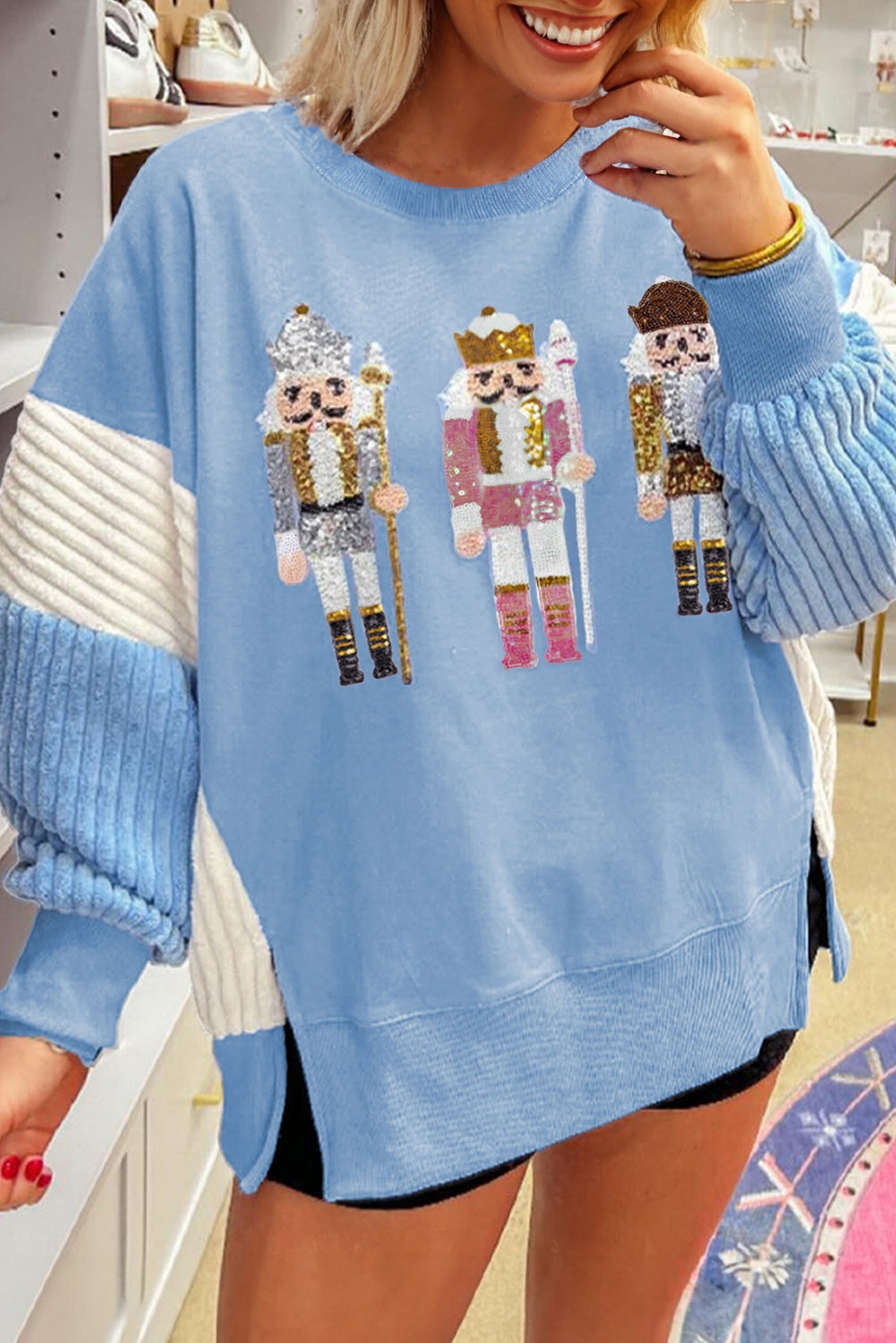 Sequin Nutcracker Textured Sleeve Patchwork Sweatshirt eAura