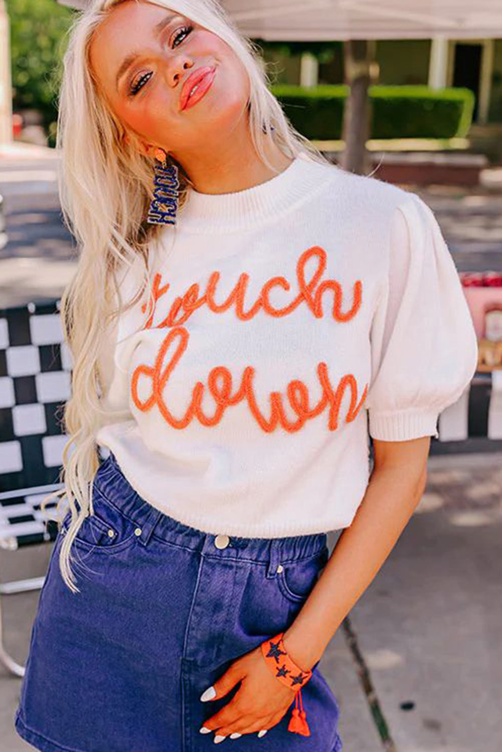 White Touchdown Tinsel Puff Short Sleeve Crew Neck Sweater eAura