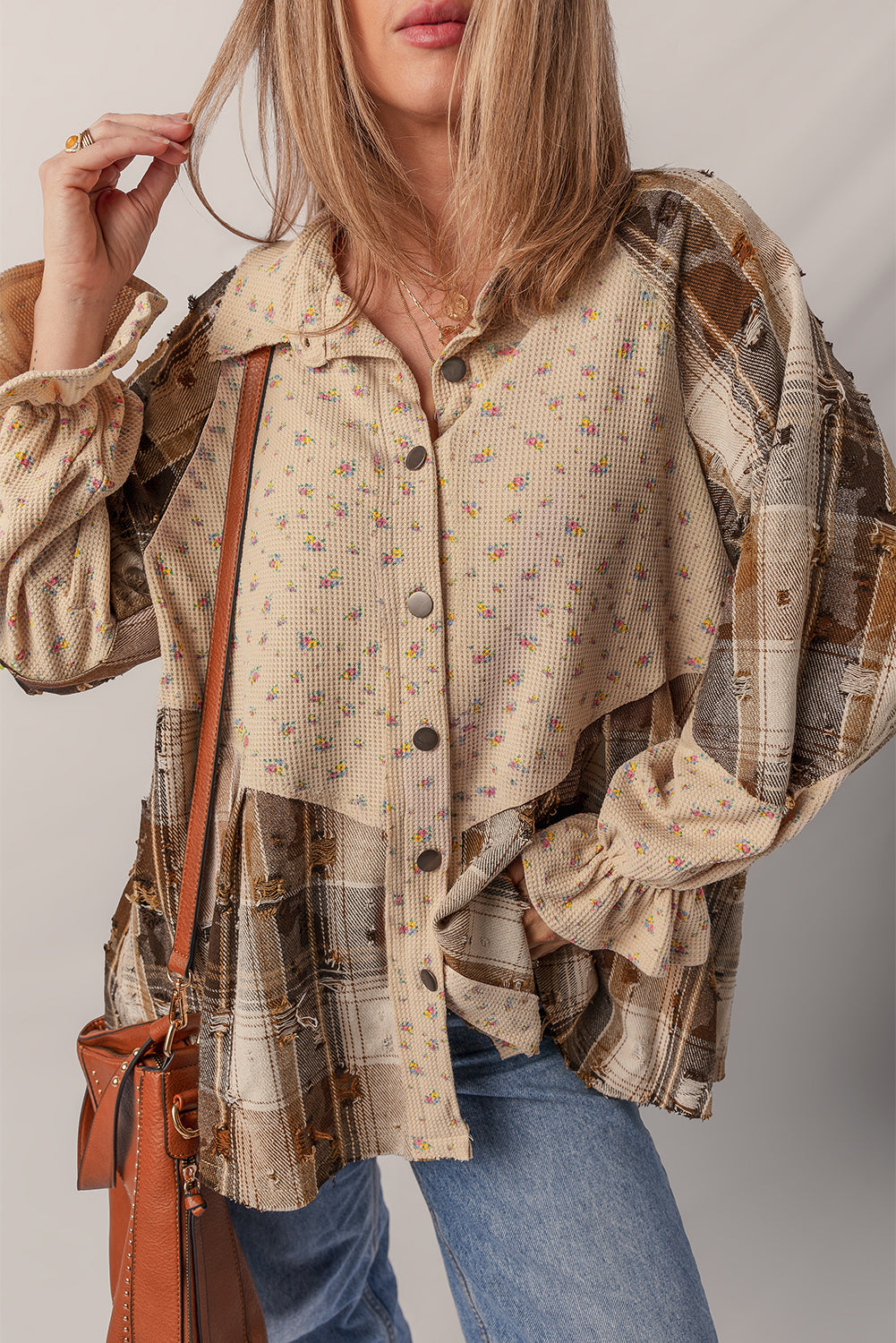 Boho Floral Plaid Patchwork Distressed Detail Ruffled Sleeve Waffle Shacket - eAura