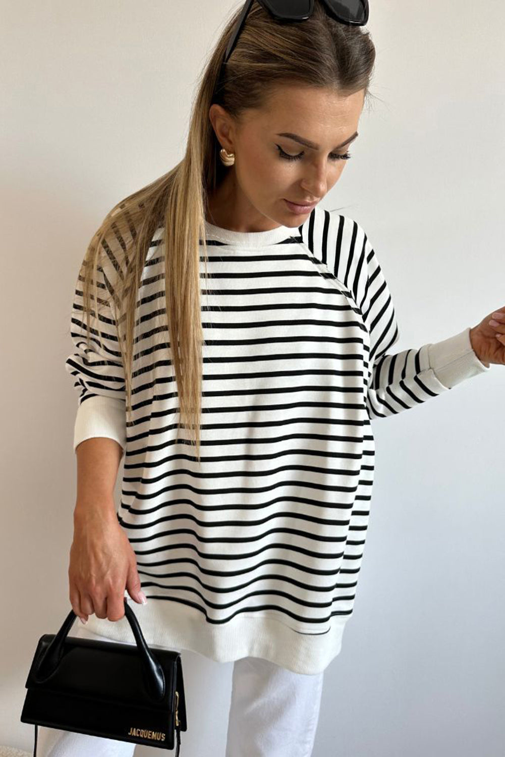 Black Stripe Raglan Sleeve Side Slits Loose Sweatshirt eAura