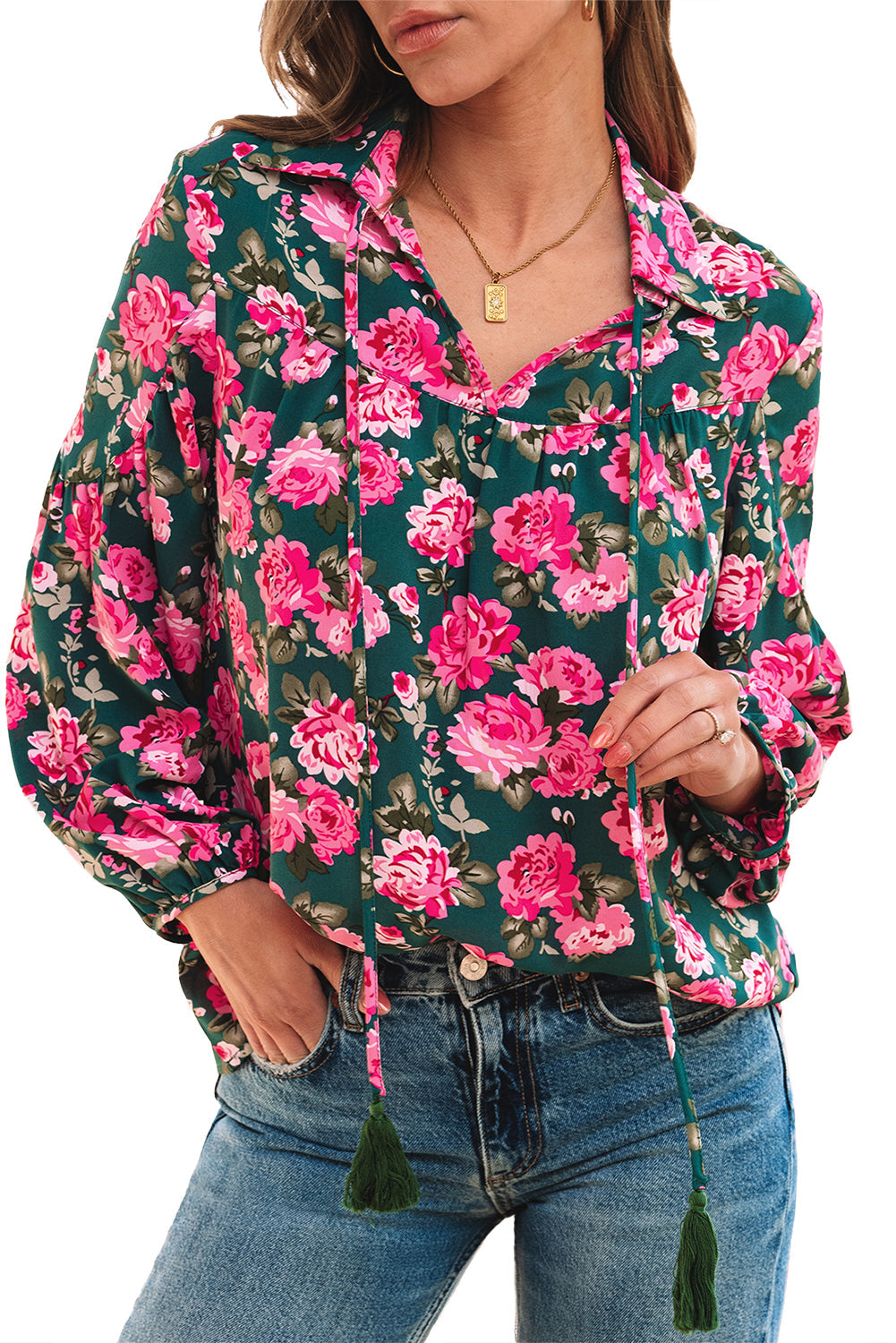 Green Floral Printed Tied Collar Puff Sleeve Blouse eAura