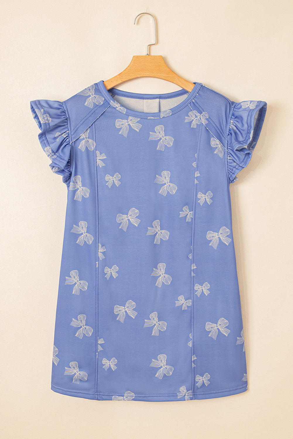 Sky Blue Bow Knot Print Crewneck Ruffled Sleeve Shift Mini Dress BB Fashion Outlet