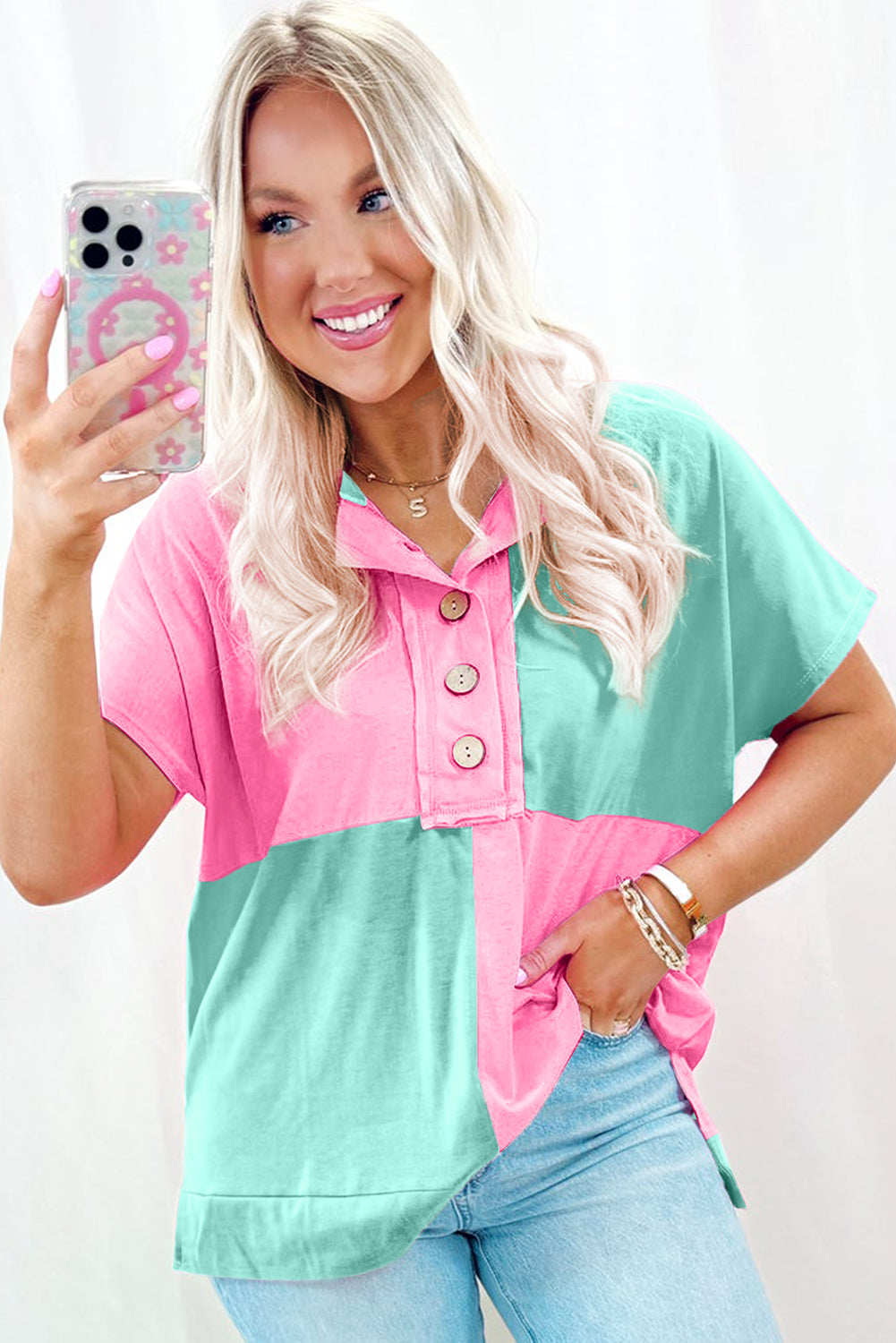 Myosotis Two Tone Half Buttons Collared T Shirt eAura