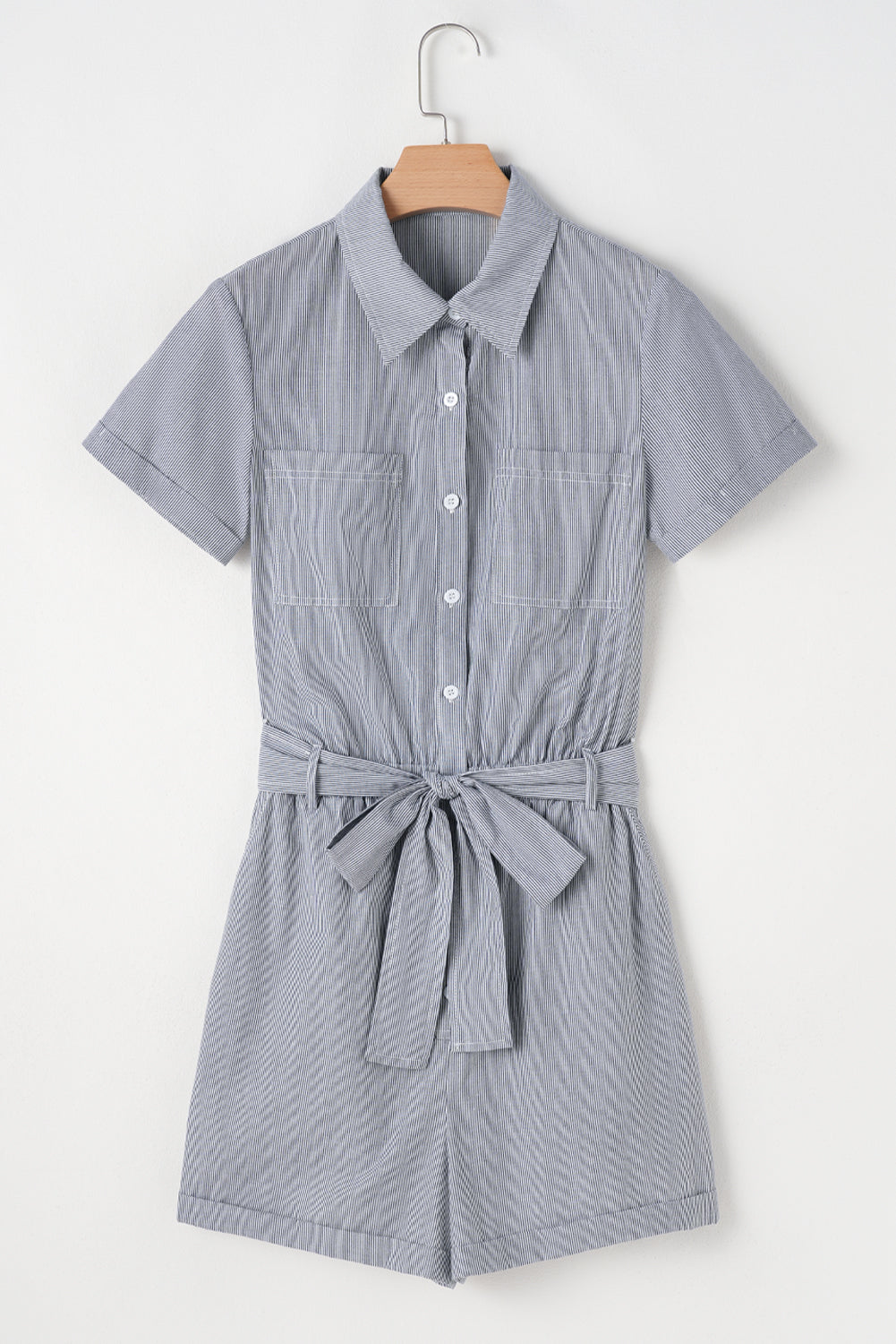 Blue Stripe Chest Pockets Buttoned Belted High Waist Romper eAura