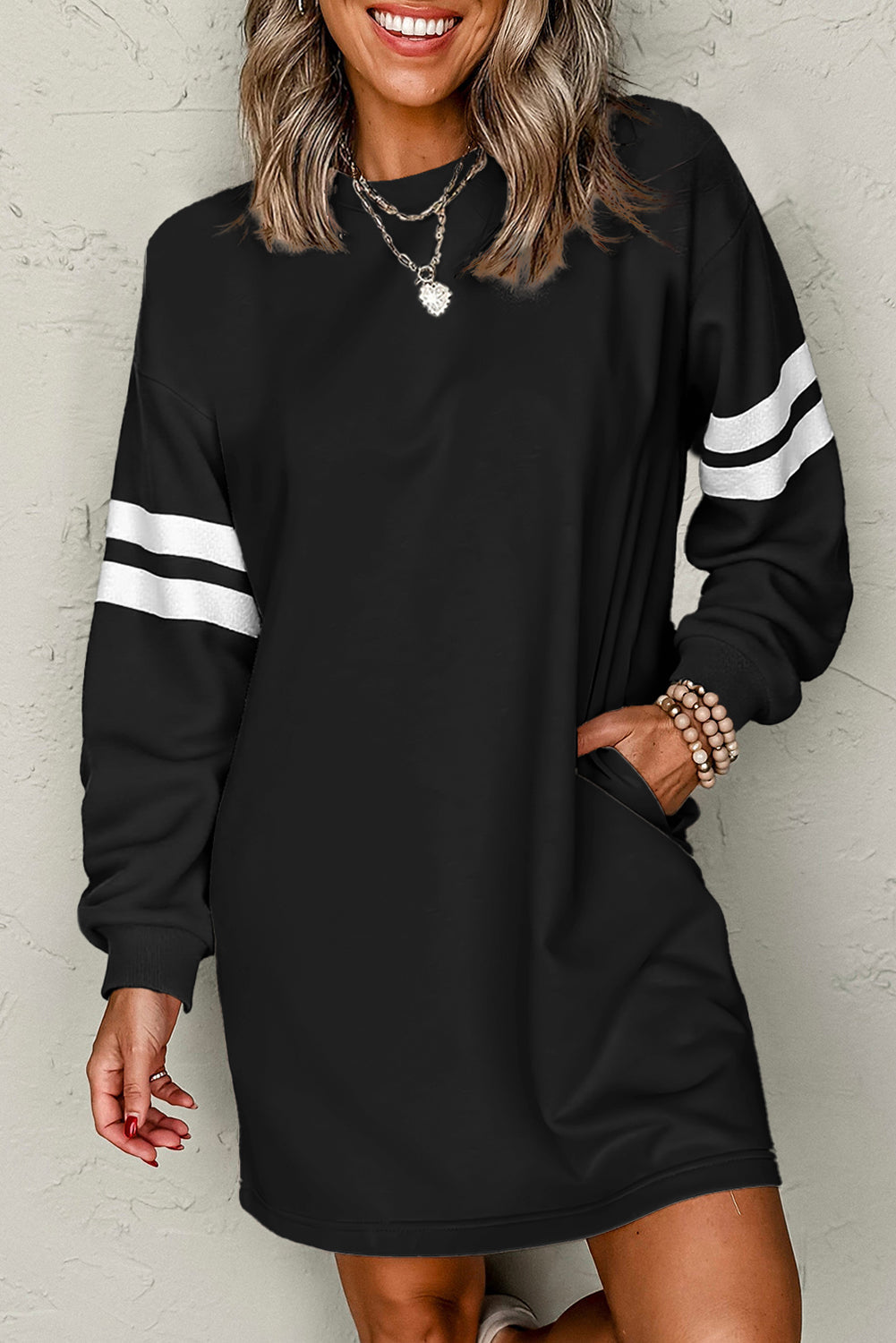 Varsity Contrast Banded Sleeve Shift Sweatshirt Dress eAura
