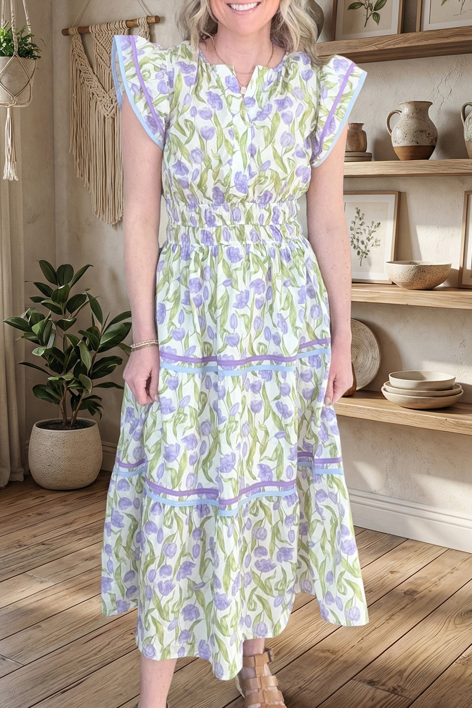 Tulip Floral Print Contrast Trim Midi Dress – Purple