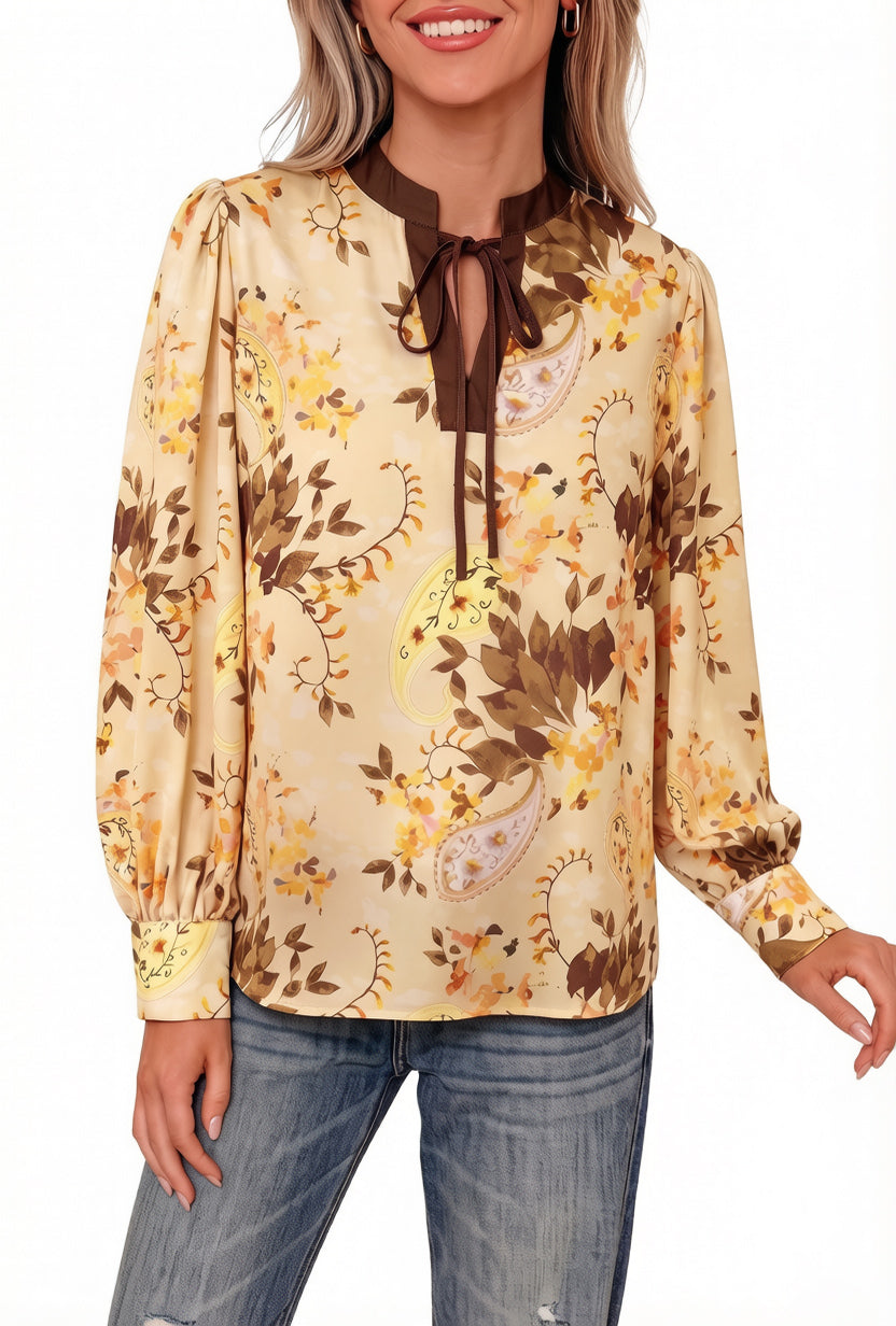 Paisley Print Tie Neck Long Sleeve Blouse – Khaki