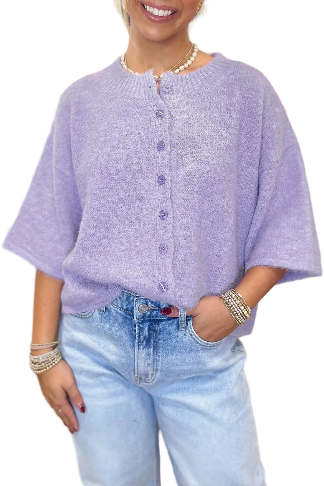 3/4 Sleeve Boxy Knit Button Cardigan - Purple / L - Sweaters & Cardigans/Cardigans