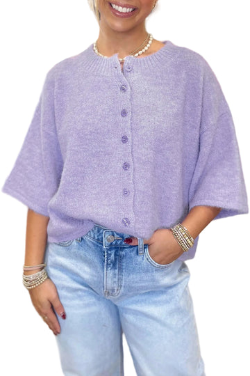 3/4 Sleeve Boxy Knit Button Cardigan - Purple / L - Sweaters & Cardigans/Cardigans