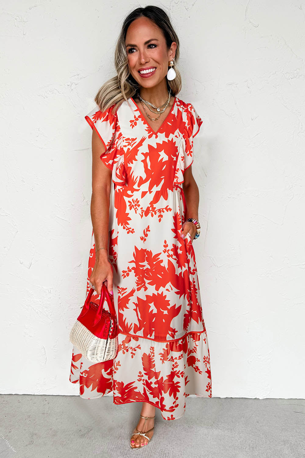Red Floral Print Trimmed V-Neck Ruffle Sleeve Long Dress eAura