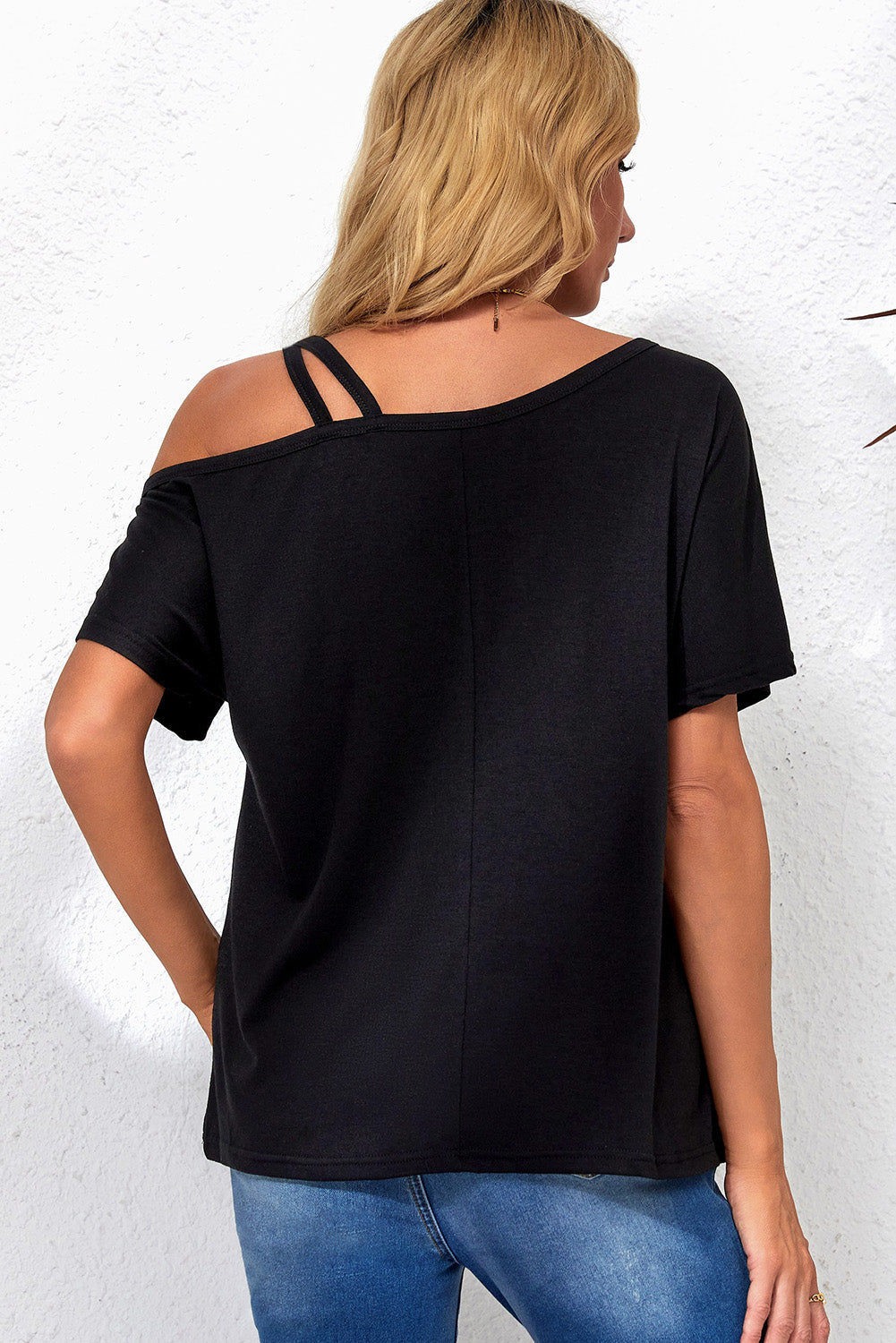 Black Asymmetric Criss Cross One Shoulder T Shirt BB Fashion Outlet