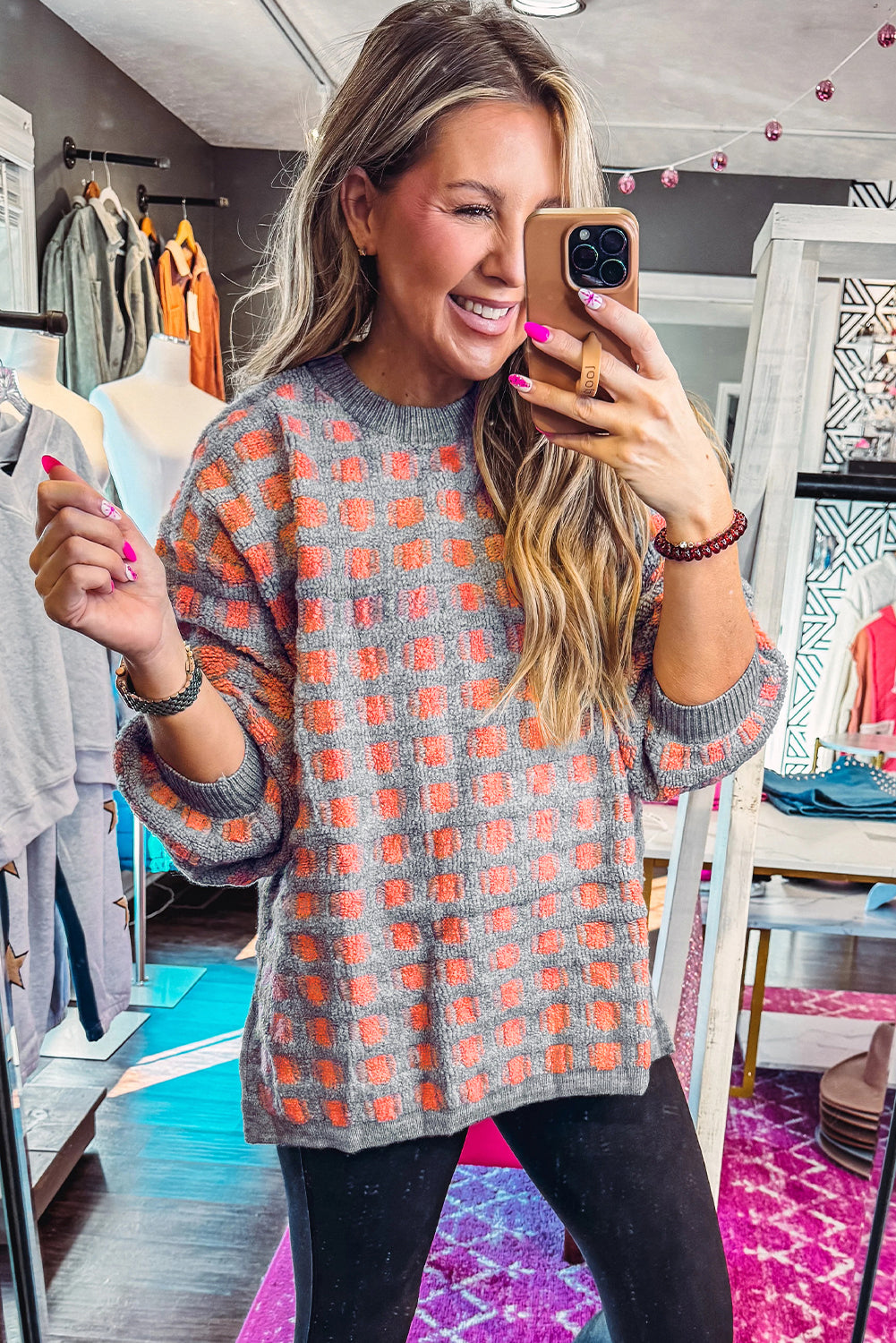 Pink Checkered Oversized Side Slit Sweater - eAura