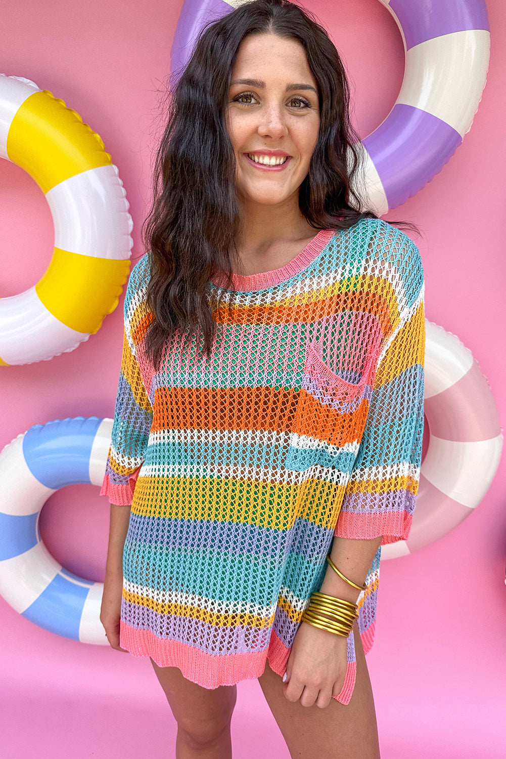 Pink Stripe Colourblock Hollowed Crochet 3/4 Sleeve Sweater eAura