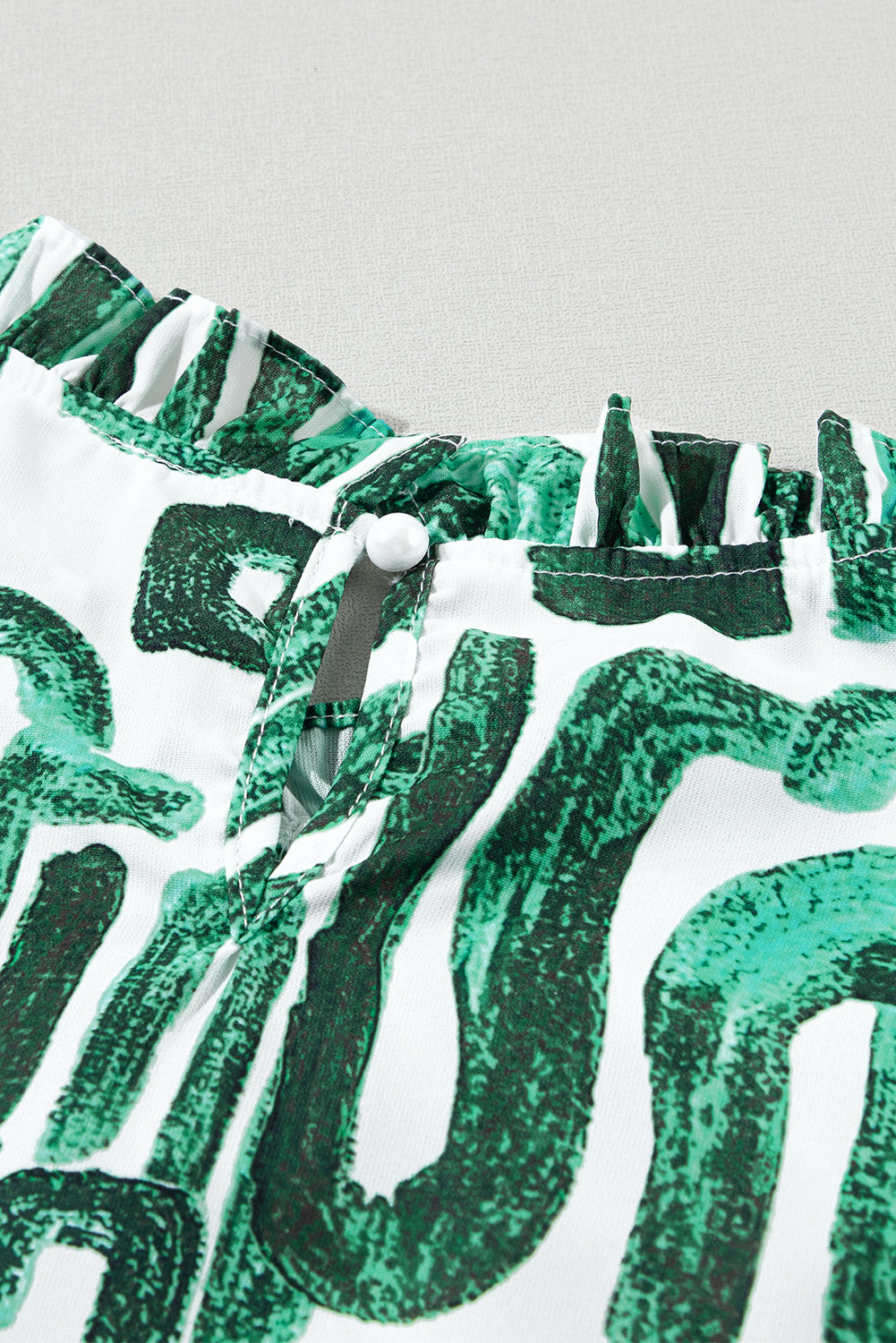 Beige Embroidered Puff Sleeve Frilled Neck Printed Top eAura