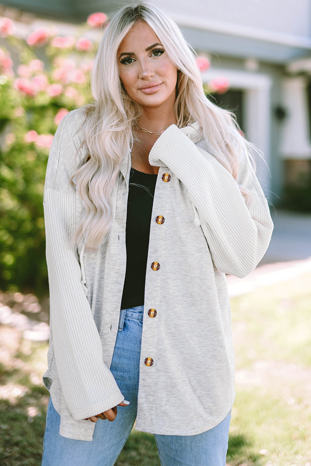 Grey Button Up Contrast Knitted Sleeves Hooded Jacket Beagle Boutique Fashion Outlet