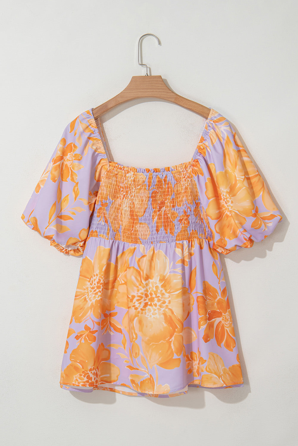 Purple Floral Puff Sleeve Square Neck Smocked Plus Size Babydoll Blouse BB Fashion Outlet