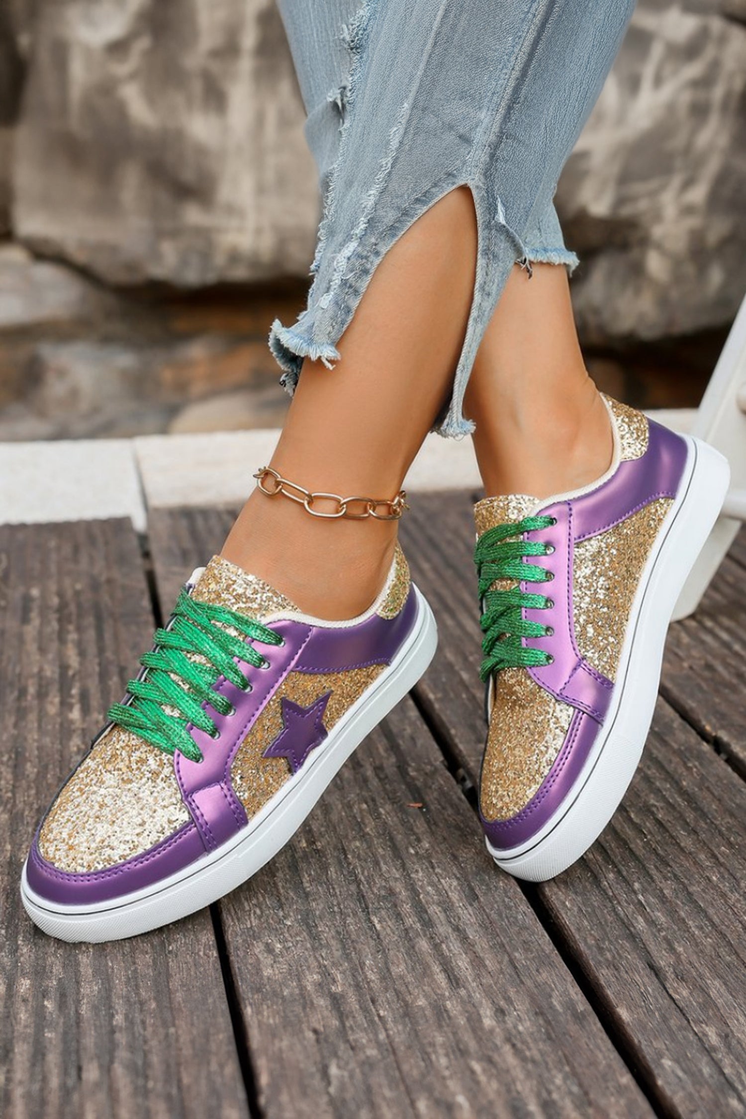 Purple Glitter Star Patchwork PU Leather Lace-up Sneakers - Shoes/trainers
