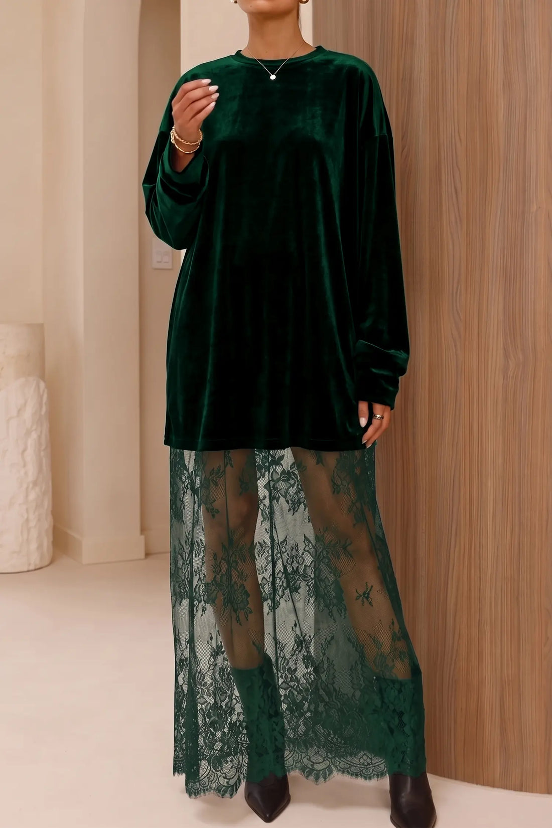 Velvet Long Sleeve Lace Splicing Hem Shift Maxi Dress