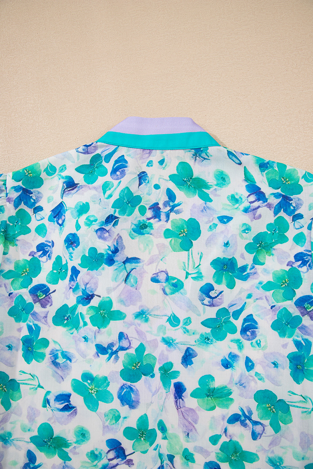 Floral Print Striped Trim Split V-Neck Puff Short Sleeve Blouse eAura