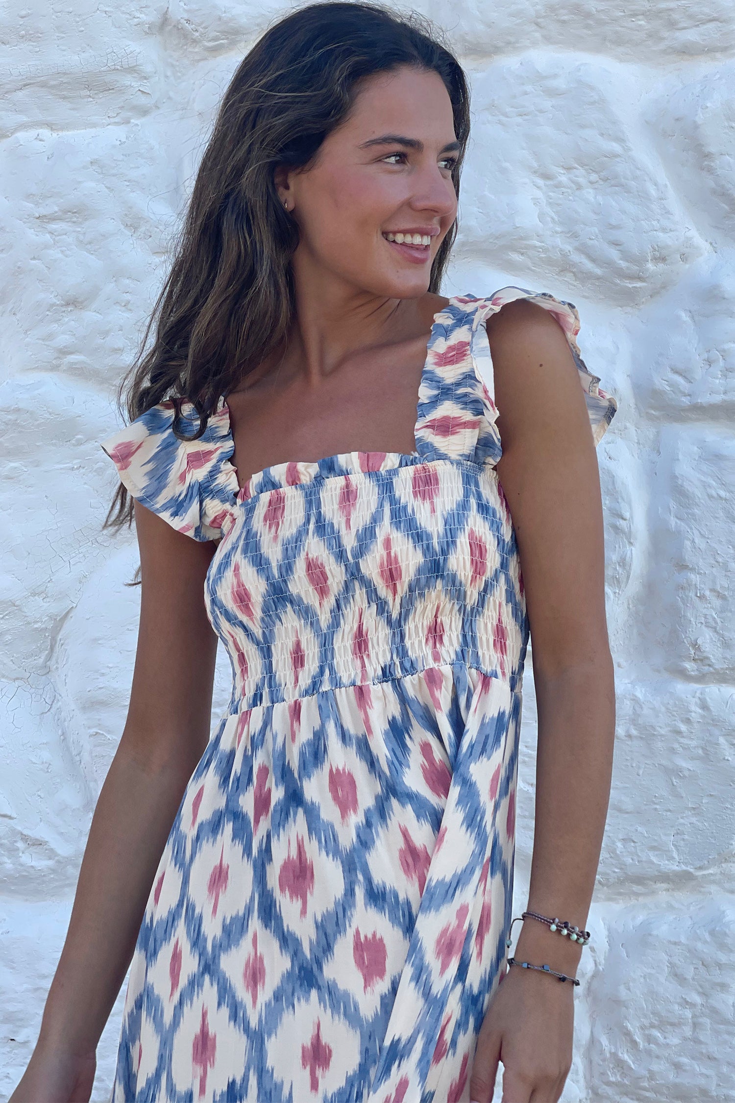 Geometric Print Square Neck Smocked High Waist Ruffle Sleeve Dress