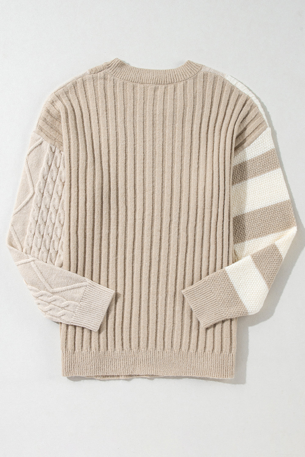 Khaki Cable Knit Colourblock Crew Neck Drop Shoulder Sweater eAura