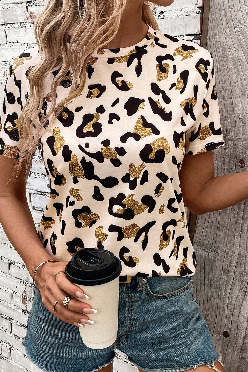 Apricot Leopard Print Round Neck Casual T Shirt eAura
