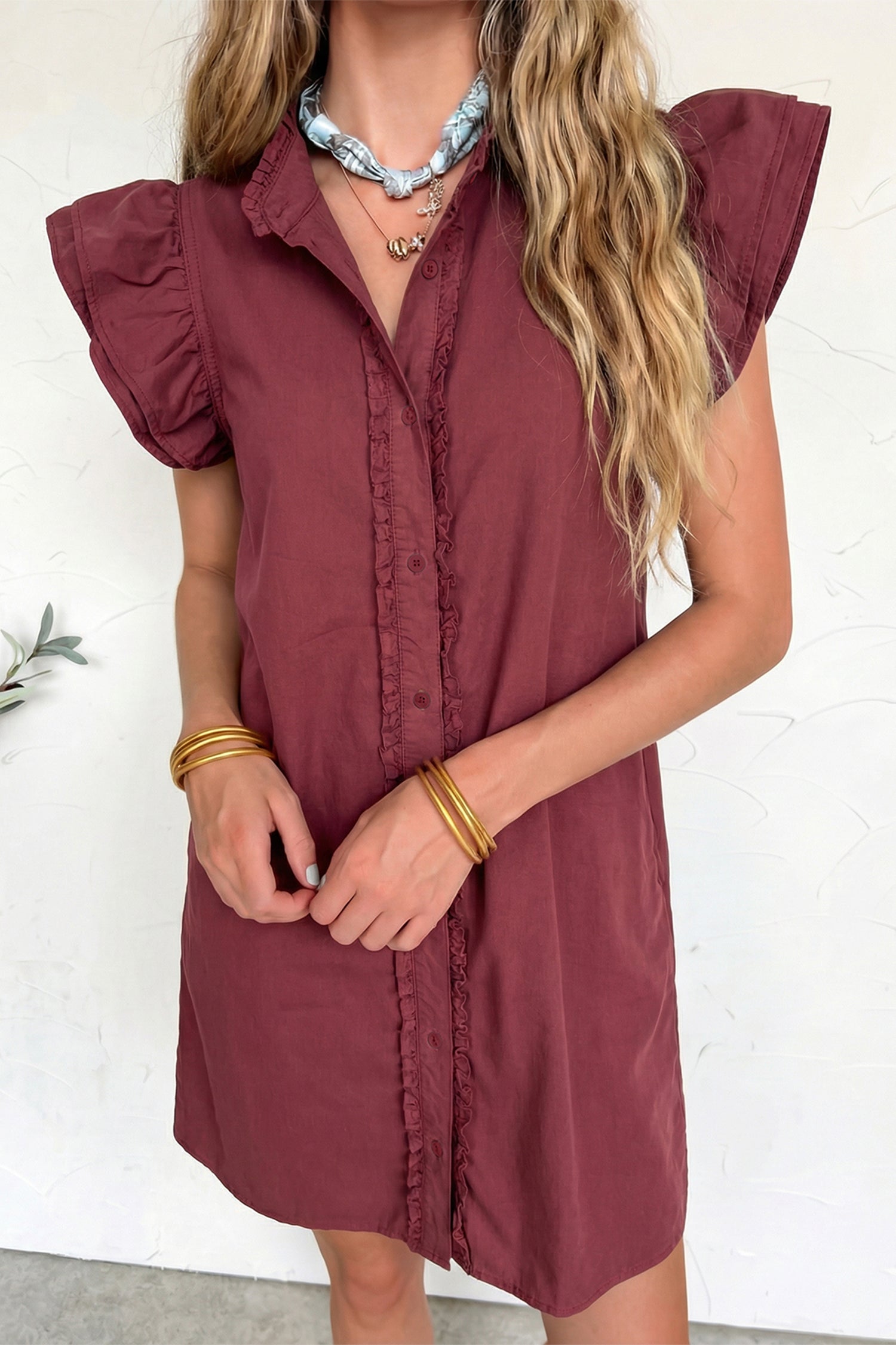 Frilled Detail Button Down Ruffle Short Sleeve Denim Mini Dress