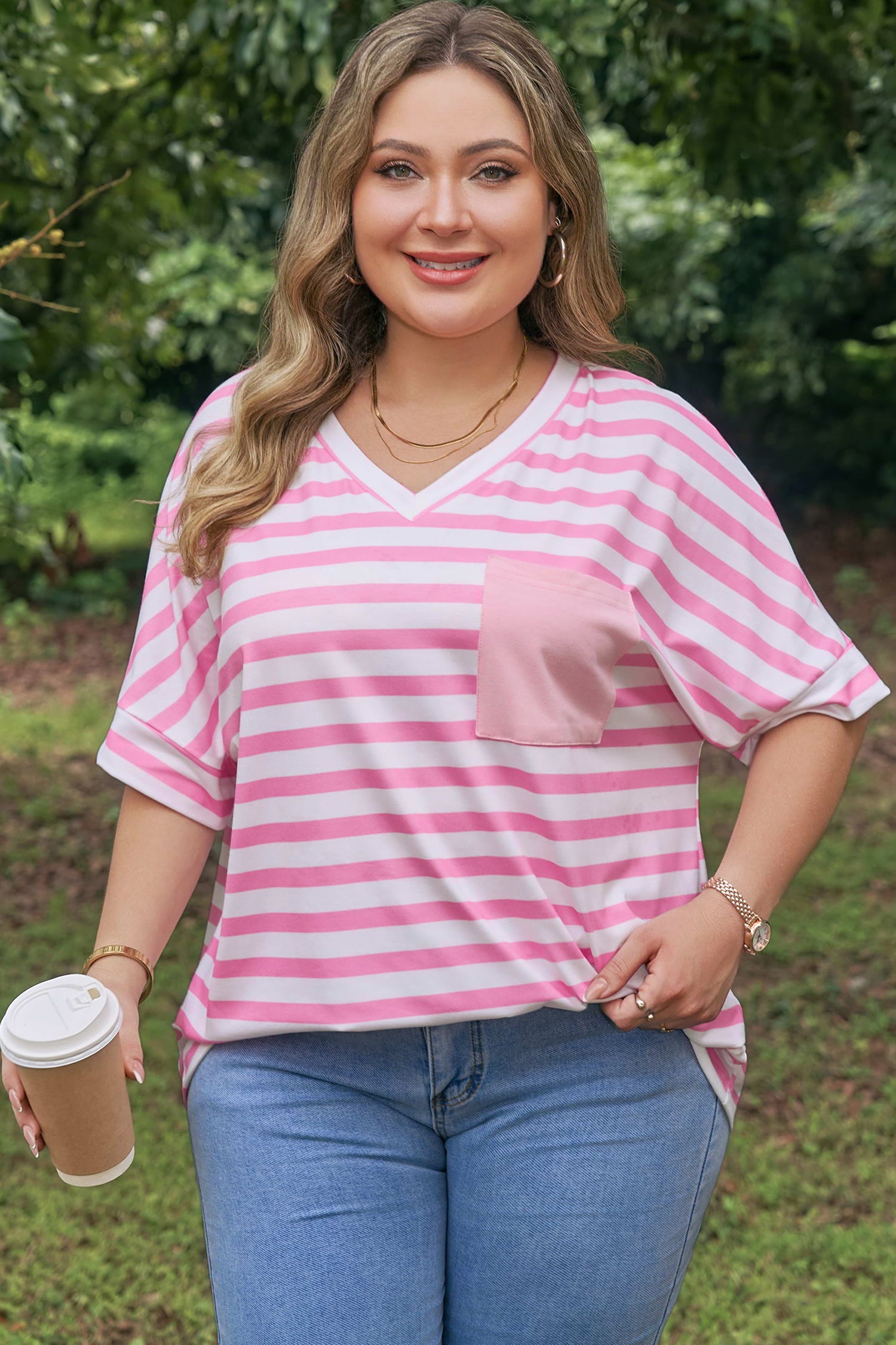 Plus Size Stripe Colourblock Patched Pocket V-Neck Tee