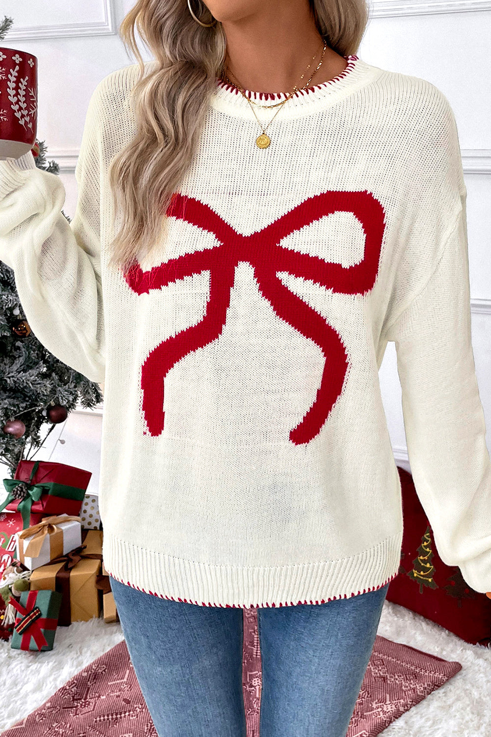 White Bow Pattern Contrast Trim Christmas Loose Graphic Sweater - eAura