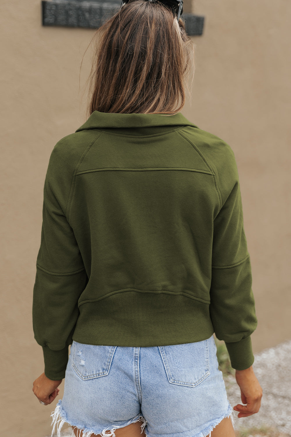 Brown Fleece Lined Zip Up Stand Collar Thumbhole Sleeve Sweatshirt eAura