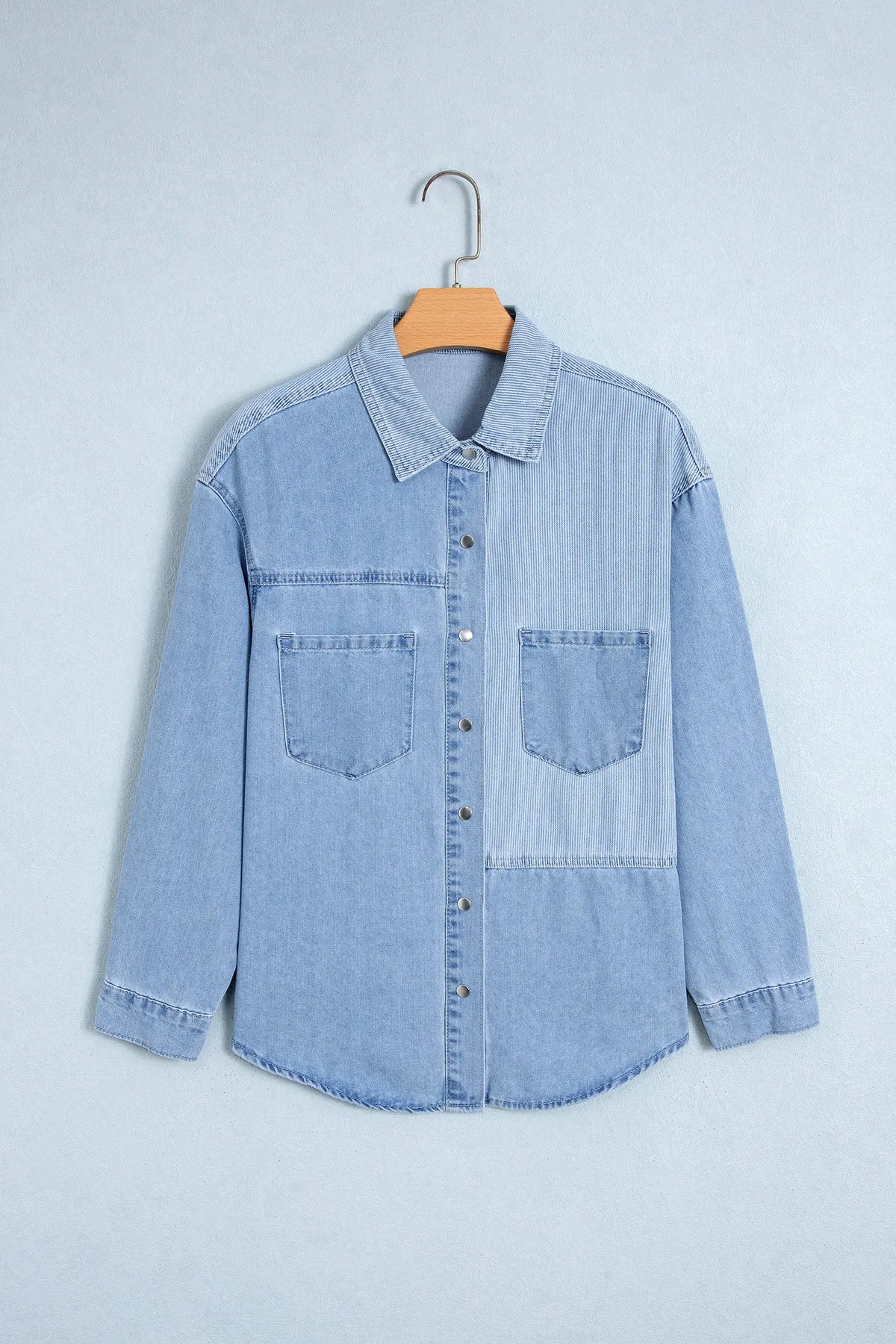 Lightweight Denim Striped Patchwork Button Down Shacket – Beau Blue