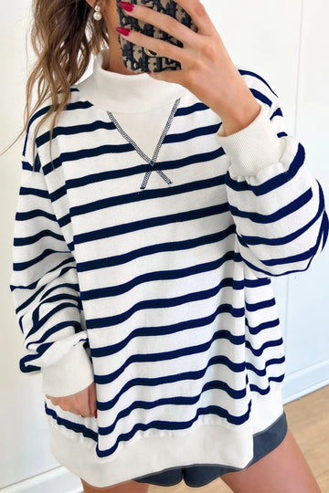 Striped Stand Neck Long Sleeve Ribbed Cuff Hem Sweatshirt – Blue Stripe