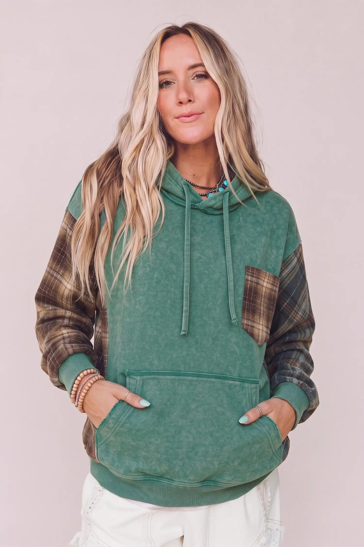 Smoke Green Plaid Colorblock Hoodie