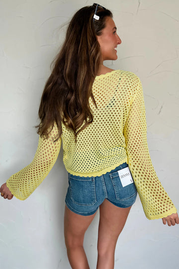 Scalloped Trim Hollow Out Knit Long Sleeve Top – Yellow Cream