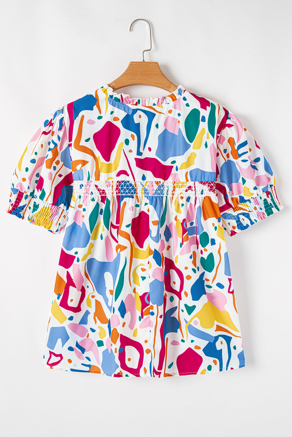 White Abstract Print Shirred Cuff Puff Sleeve Plus Size Blouse BB Fashion Outlet