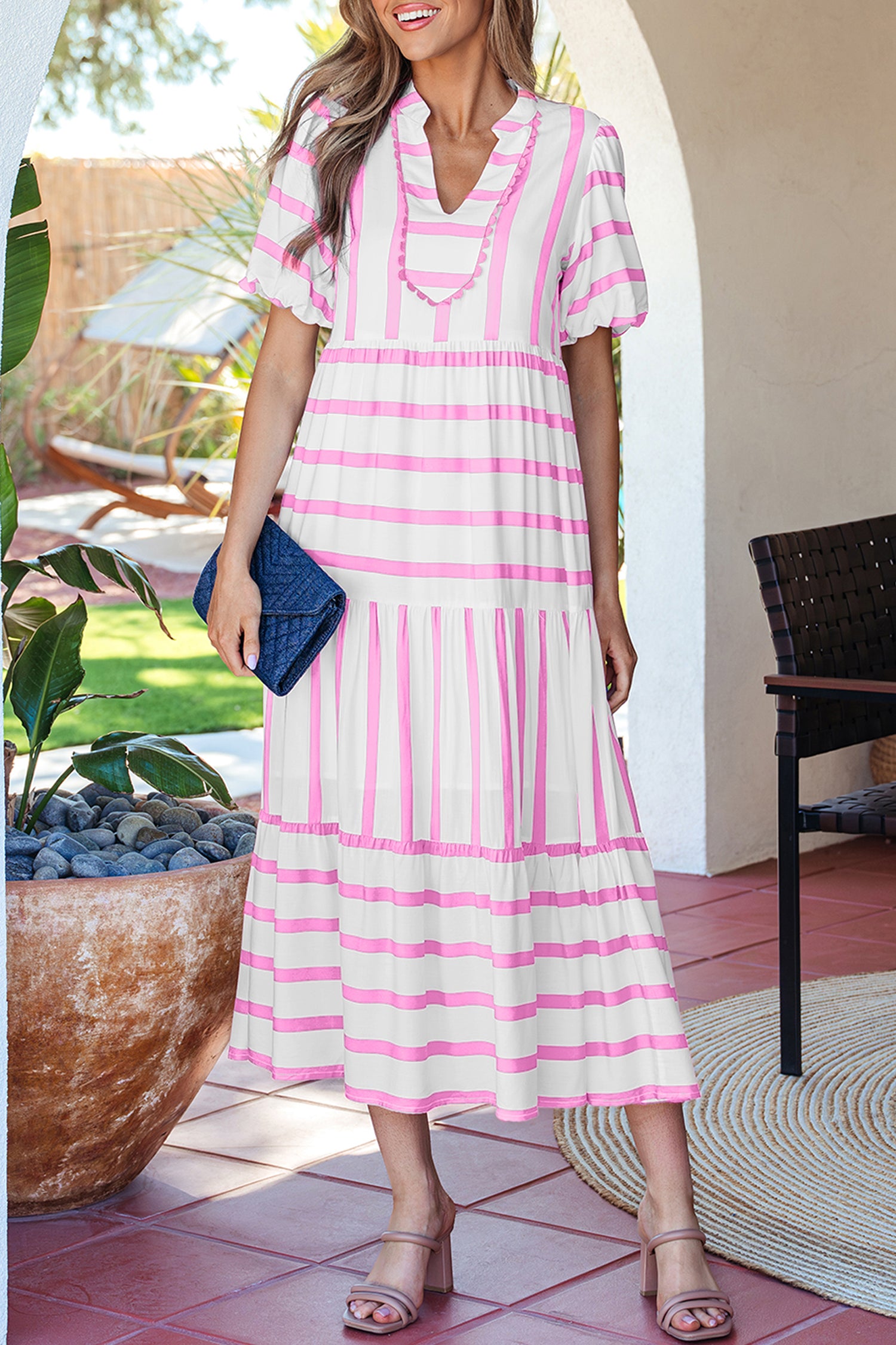 Stripe Ricrac Trim Puff Sleeve Midi Vacation Dress – Pink