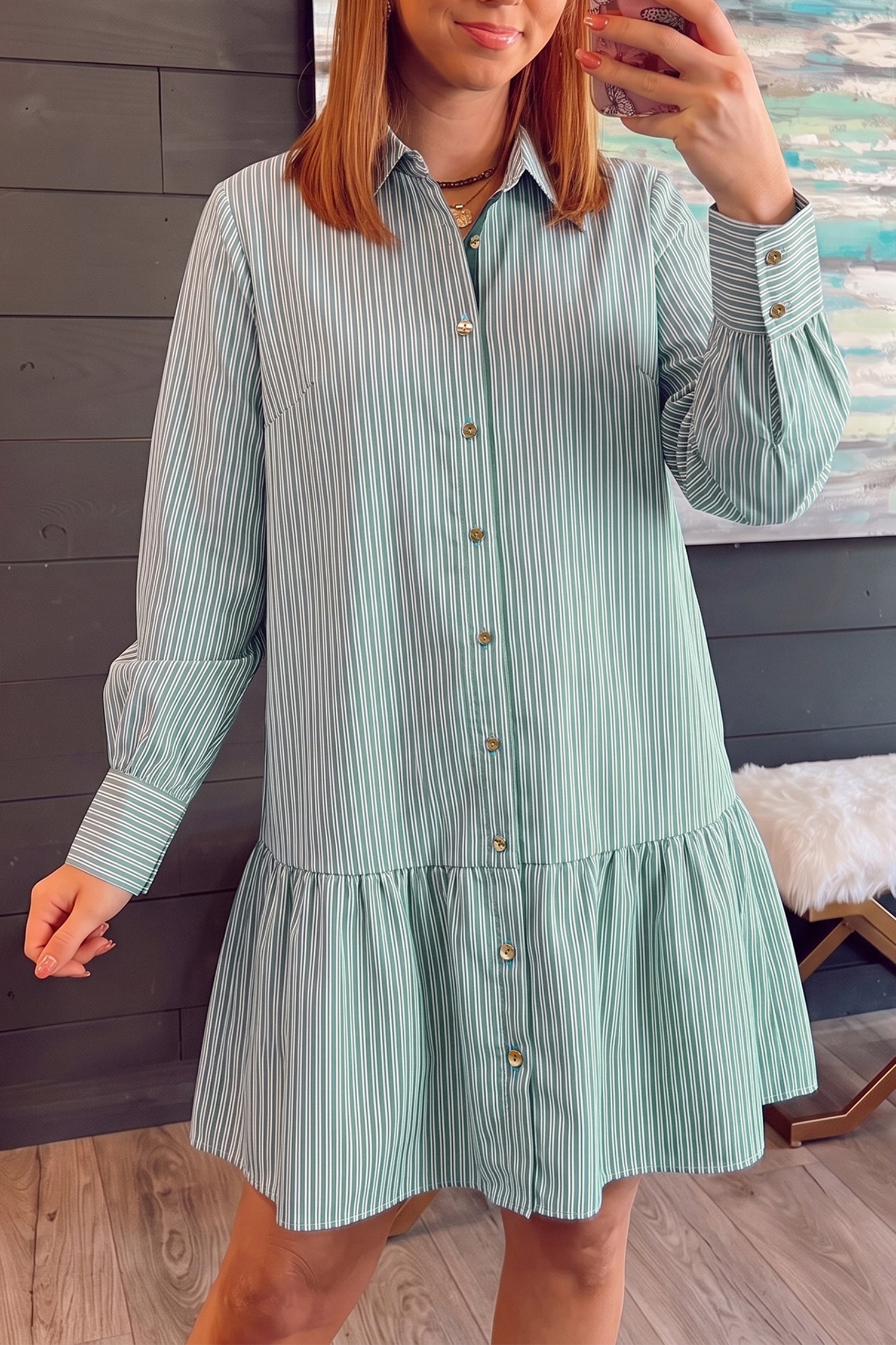 Striped Shift Long Sleeve Dress – Green Stripe