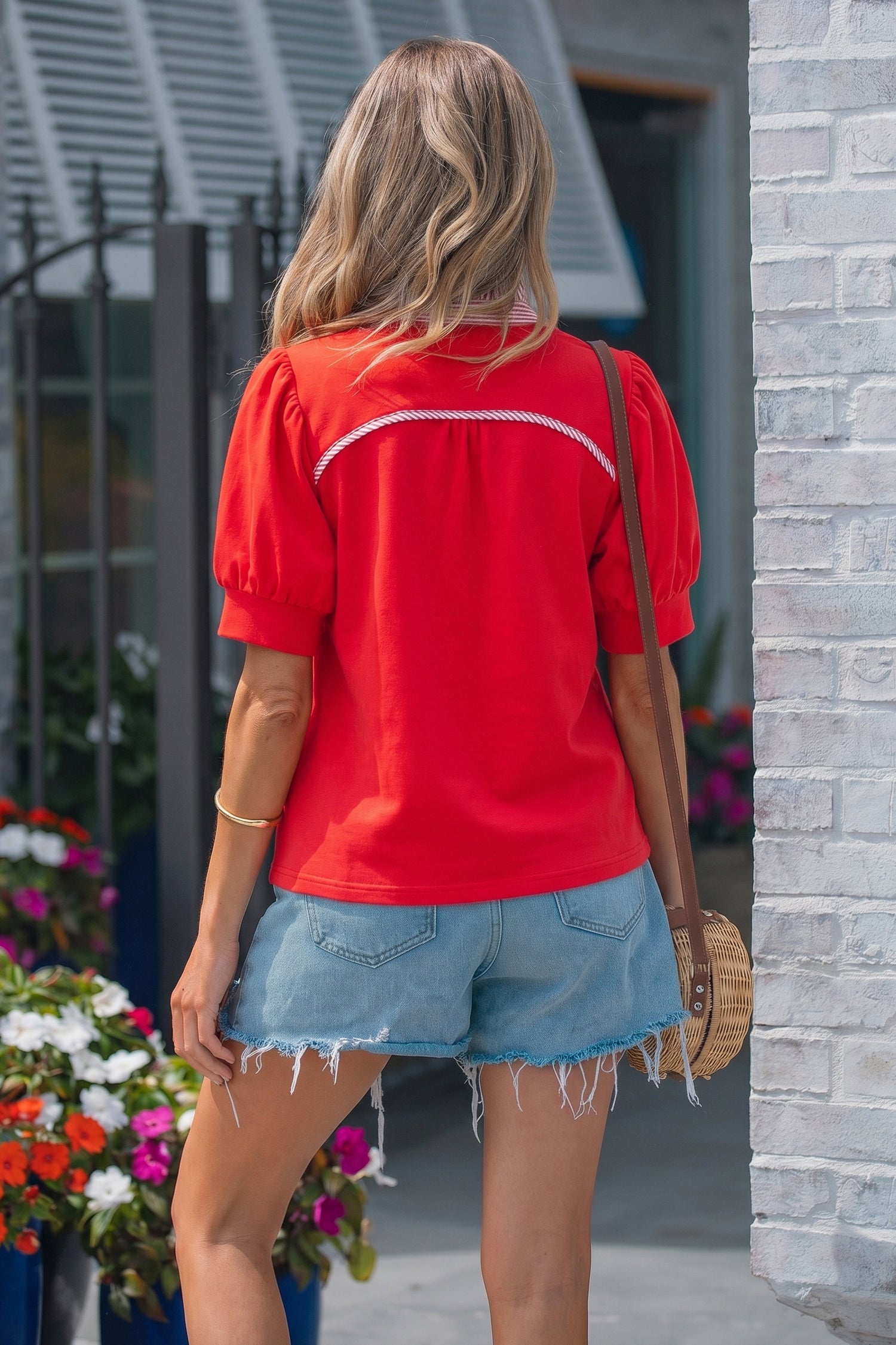Striped Frilled Collar Short Sleeve Blouse