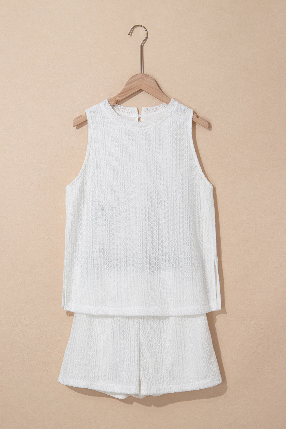 Beige Textured Knit Tank Top and Drawstring Shorts Set eAura