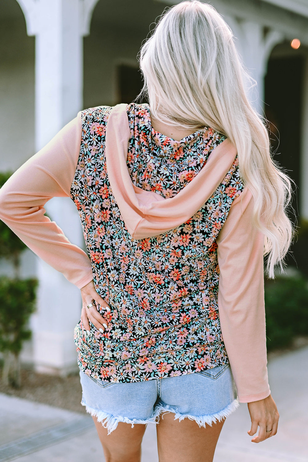 Pink Floral Patch Half Zip Kangaroo Pocket Hoodie eAura