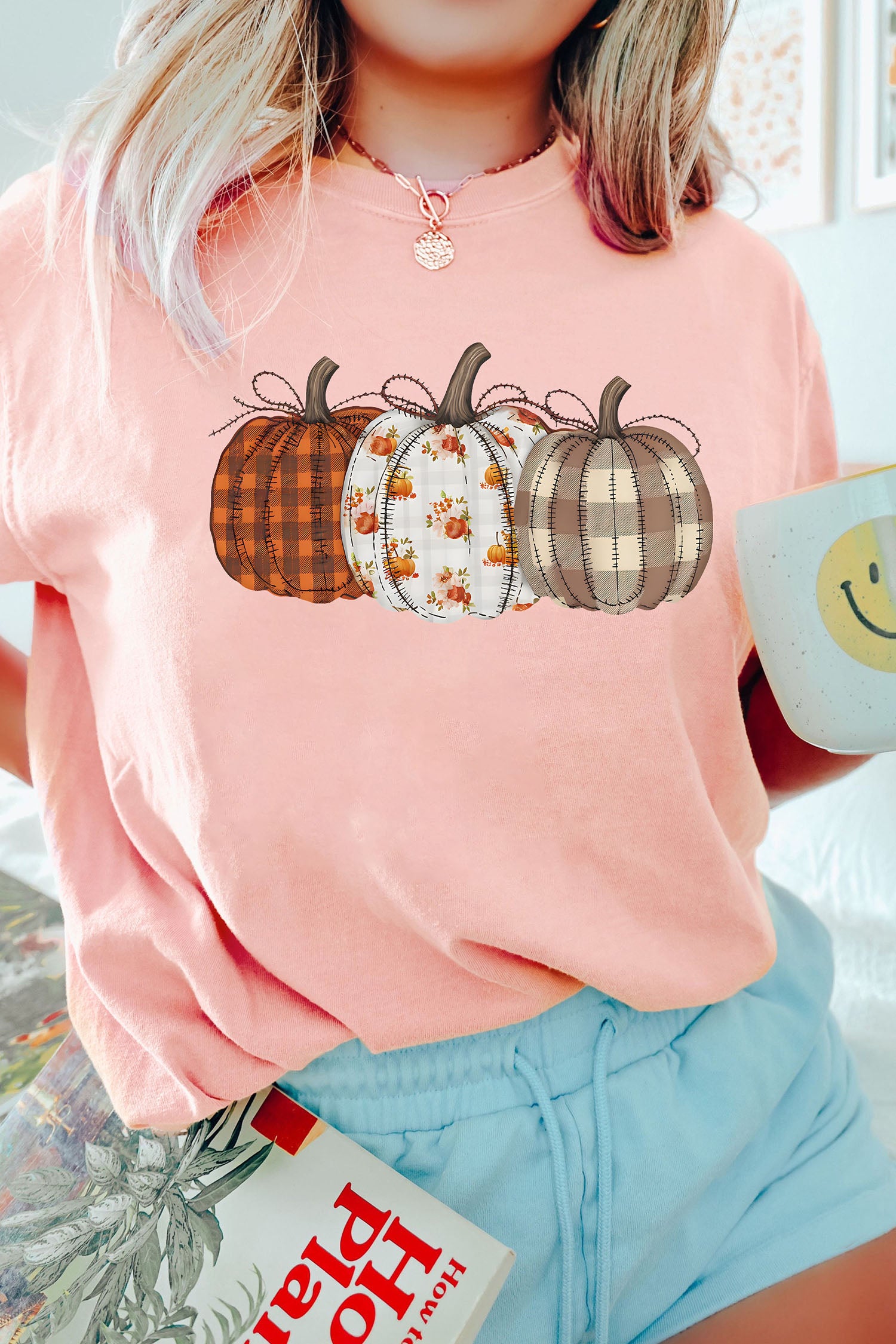 Mix Pattern Pumpkin Print Round Neck T Shirt – Pink