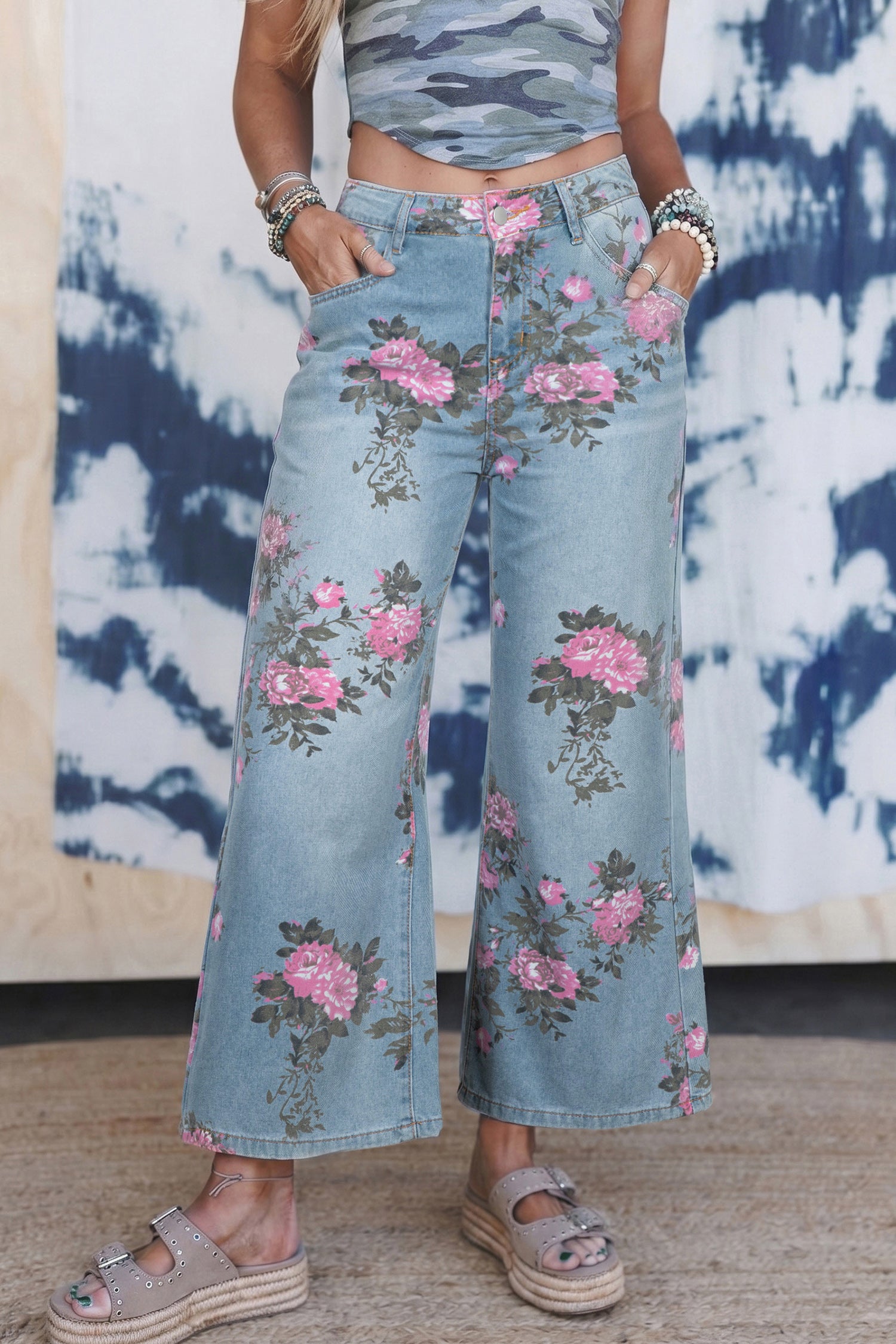 Floral Print Bootcut Jeans – Sky Blue Denim
