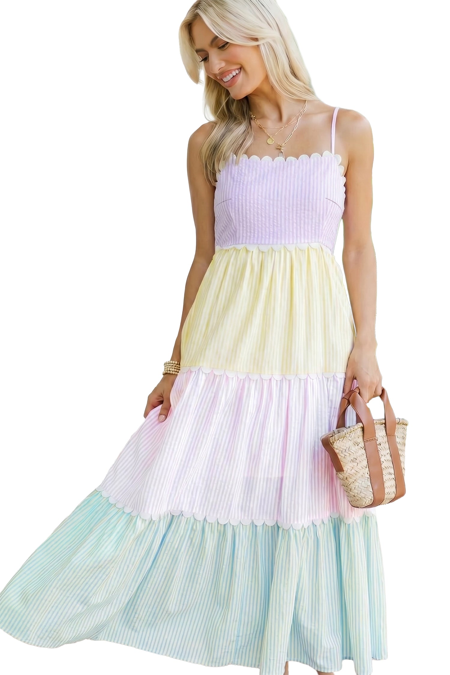 Striped Colourblock Scalloped Neck Smocked Maxi Dress