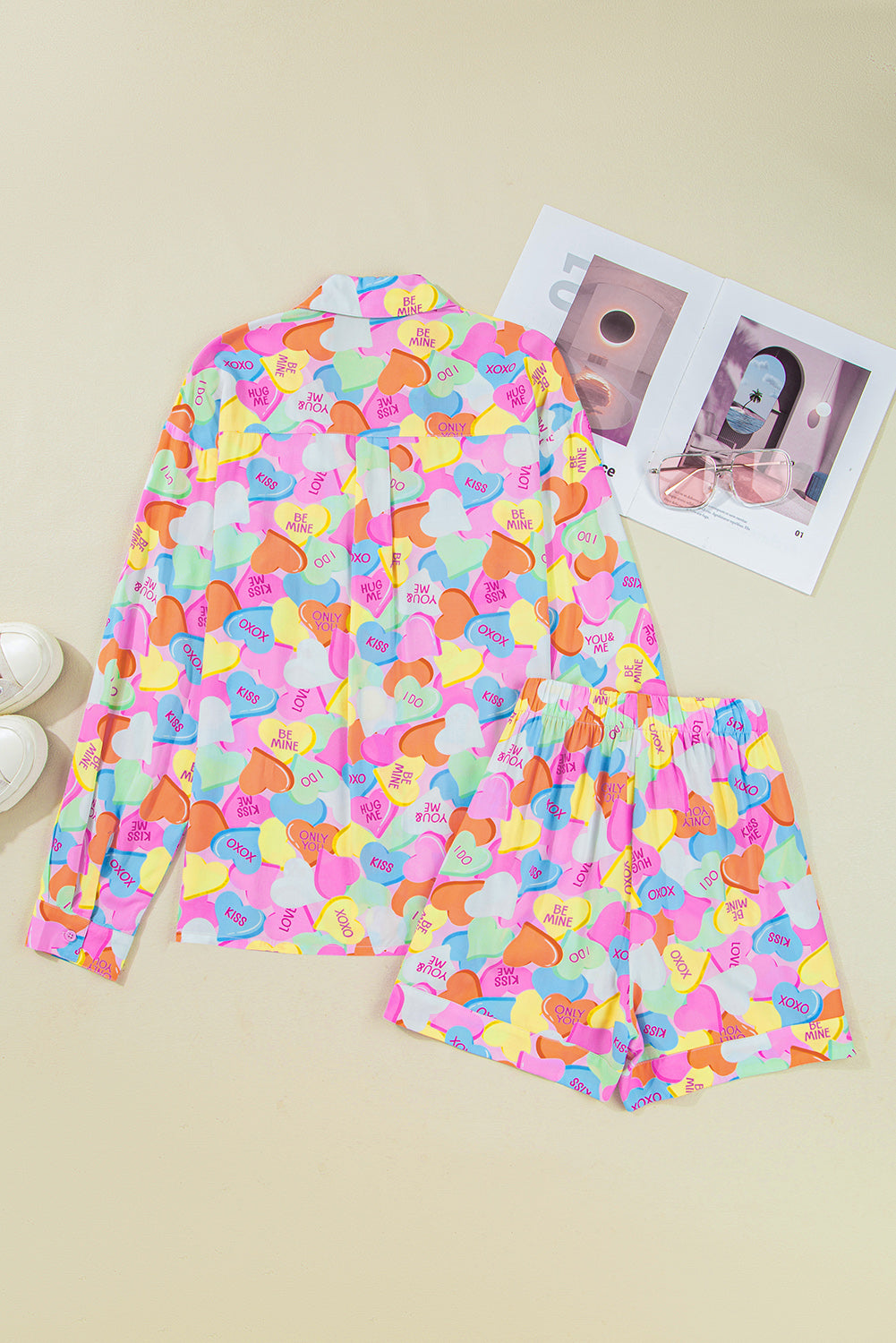 Candy Heart V-Neck Collared Tunic Shirt and Shorts Pyjama Set - eAura