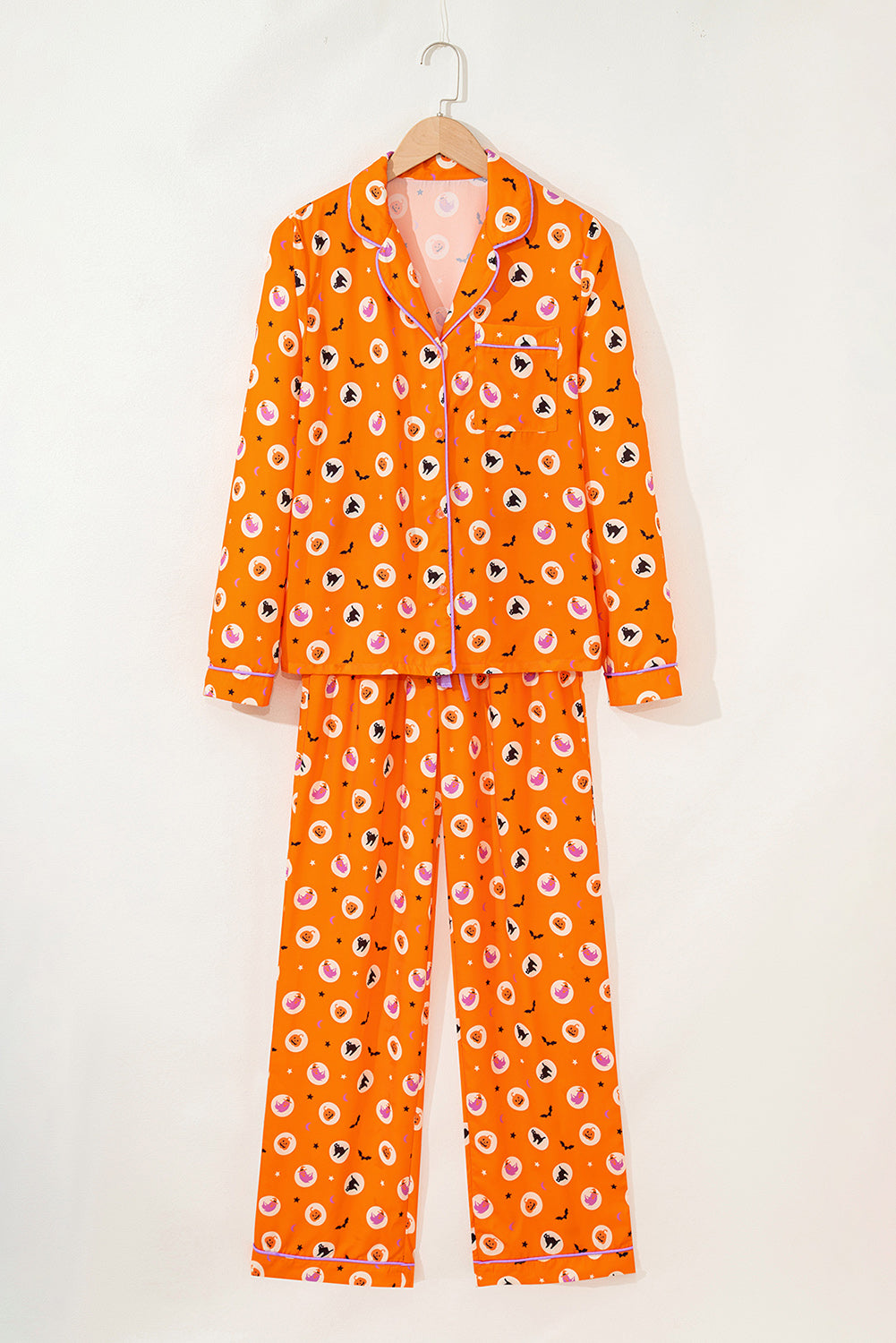 Orange Halloween Print Lapel Shirt Long 2pcs Pyjama Set eAura
