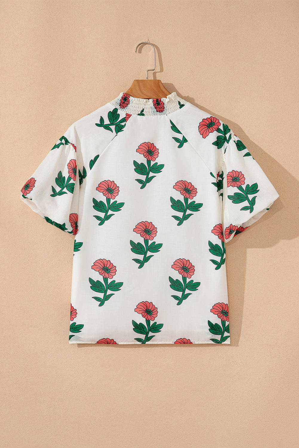 Beige Floral Print Shirred Split Neck Short Sleeve Blouse eAura
