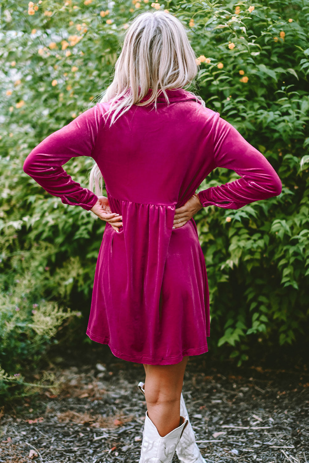 Green Long Sleeve Ruffle Velvet Button Up Dress eAura