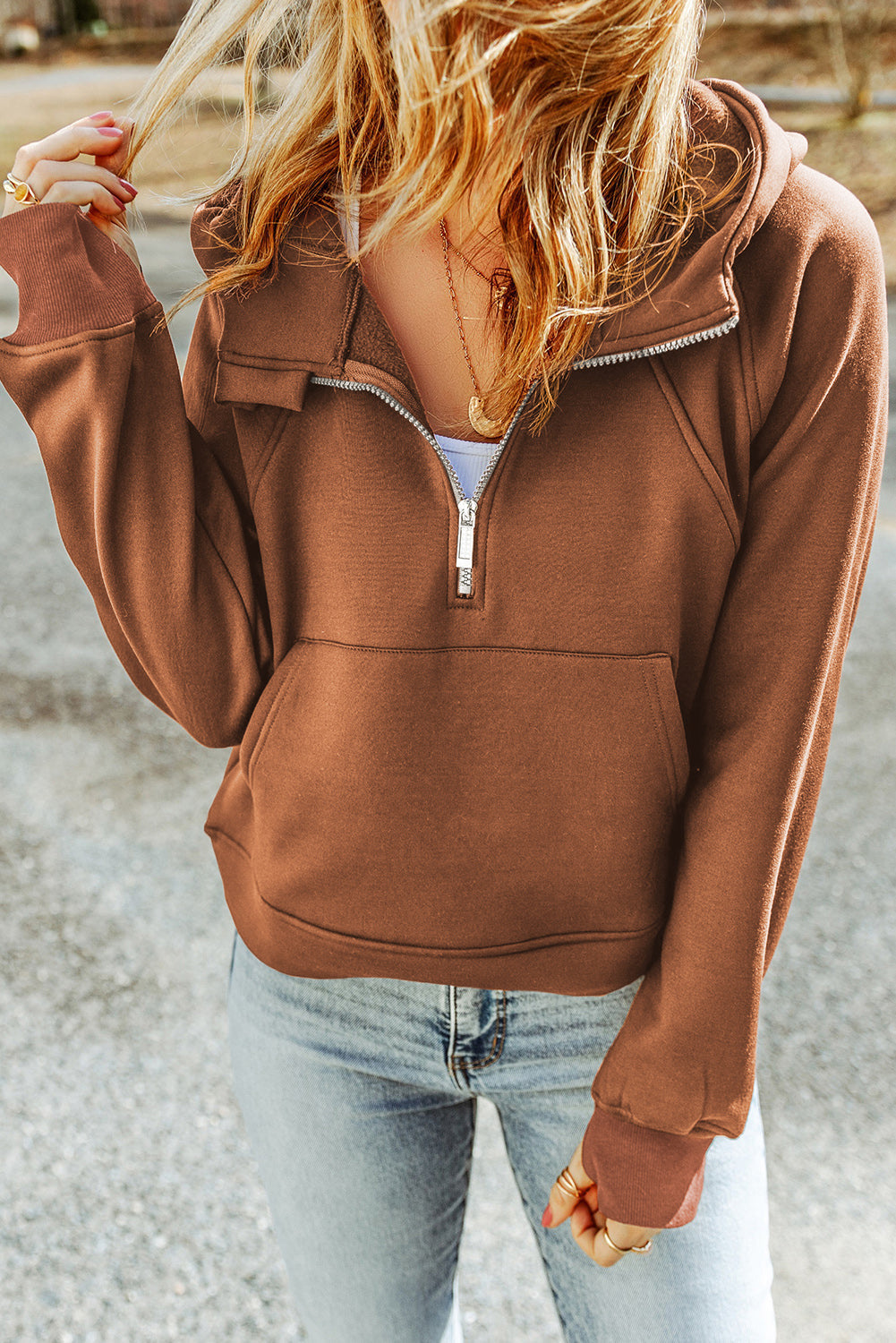 Pink Quarter Zip Kangaroo Pocket Hoodie eAura