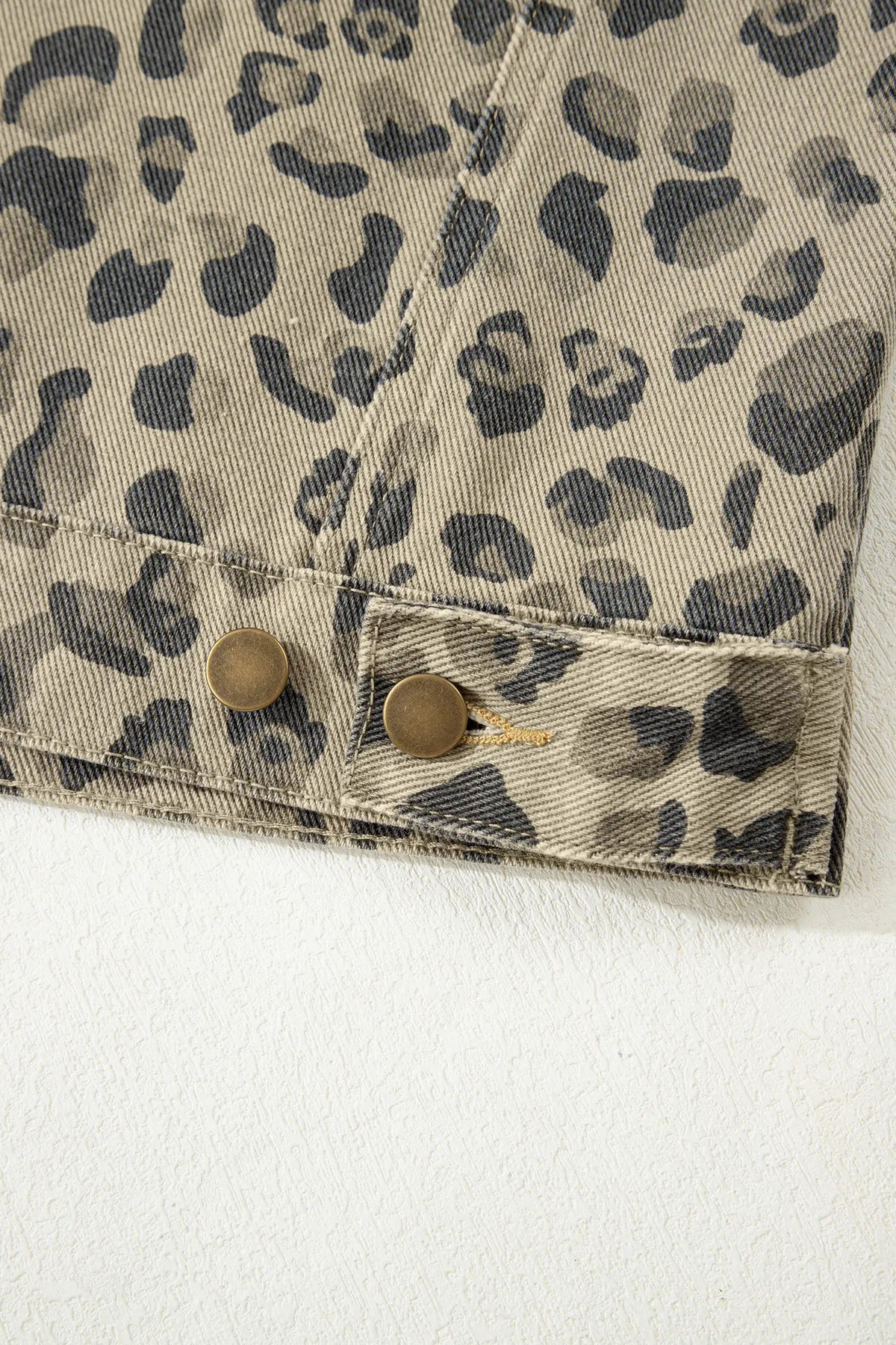 Khaki Retro Leopard Print Seam Detail Button Down Denim Jacket