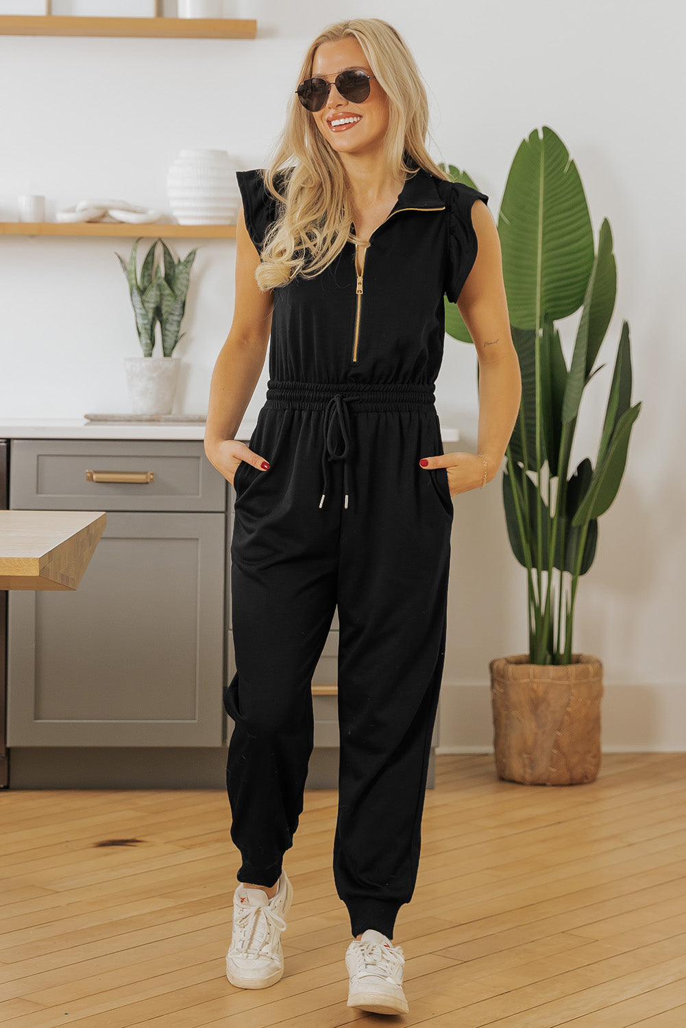 Black Zipper Flutter Sleeve Drawstring High Waist Jumpsuit eAura